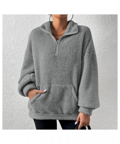 Women's Quarter Zip Pullover Fuzzy Oversized Sweatshirt Fleece Pullover Sweater Comfy Fall Outfits with Pocket A003-gray $8.2...