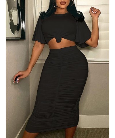 Women's 2 Piece Skirt Sets Ruffle Short Sleeve Crop Top and Ruched Bodycon Midi Dress Sets Black - New $16.49 Suits