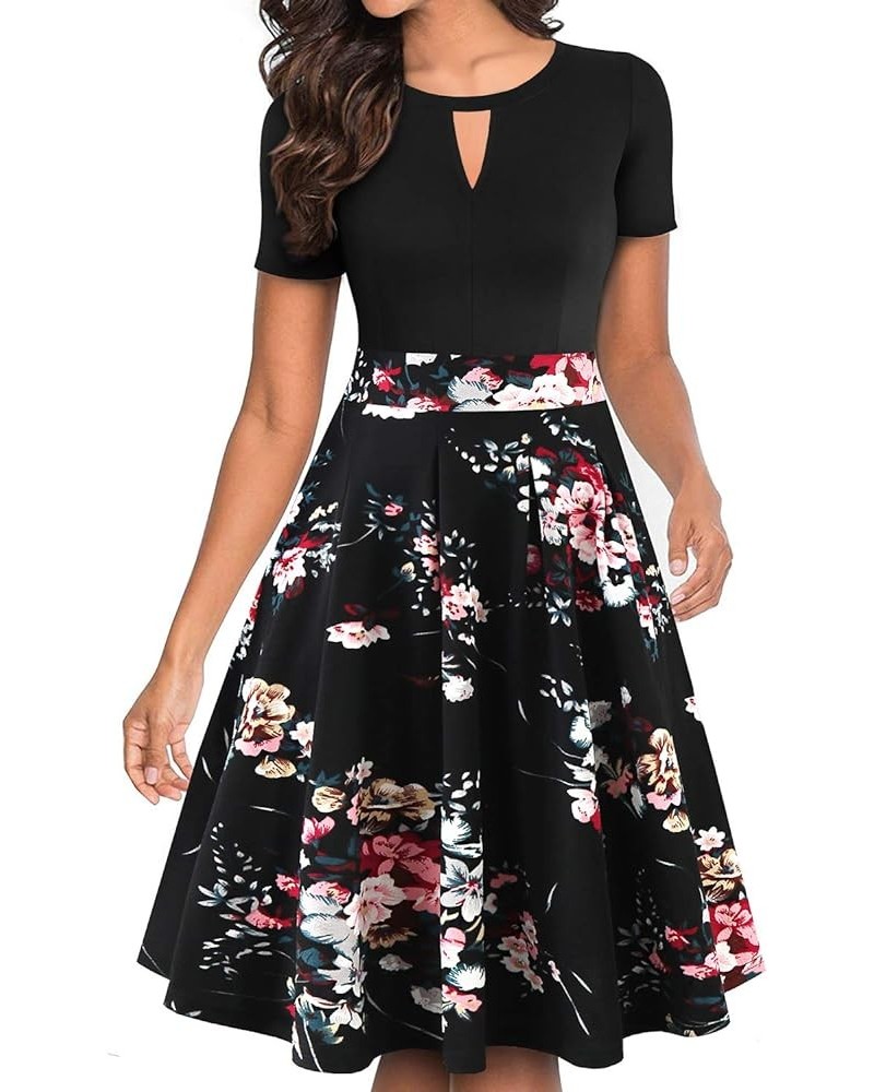 Women's Vintage Floral Flared A-Line Swing Casual Party Dresses with Pockets Yt018-black Floral 02 $23.15 Dresses