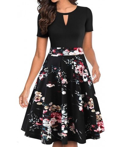 Women's Vintage Floral Flared A-Line Swing Casual Party Dresses with Pockets Yt018-black Floral 02 $23.15 Dresses