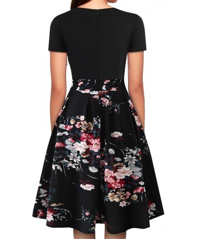 Women's Vintage Floral Flared A-Line Swing Casual Party Dresses with Pockets Yt018-black Floral 02 $23.15 Dresses