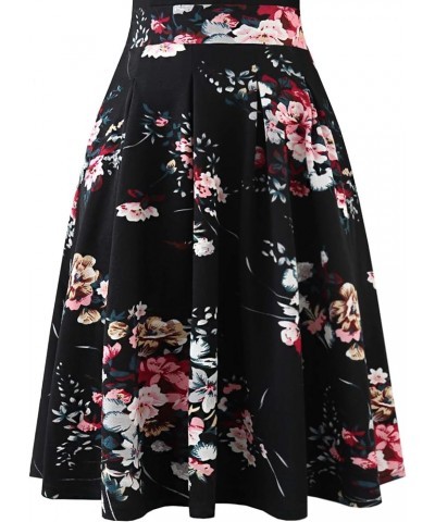 Women's Vintage Floral Flared A-Line Swing Casual Party Dresses with Pockets Yt018-black Floral 02 $23.15 Dresses