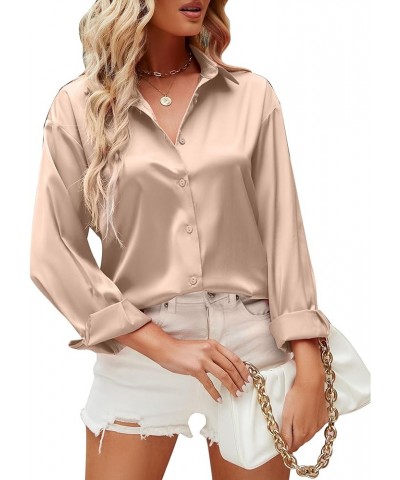 Womens Dress Shirts Satin Long Sleeve Button Down Shirts Wrinkle-Free Solid Casual Work Blouse Khaki $9.80 Blouses