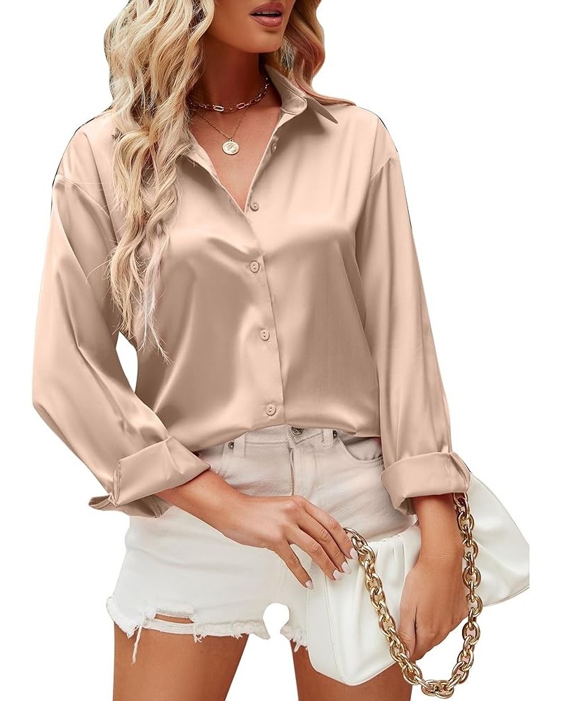 Womens Dress Shirts Satin Long Sleeve Button Down Shirts Wrinkle-Free Solid Casual Work Blouse Khaki $9.80 Blouses