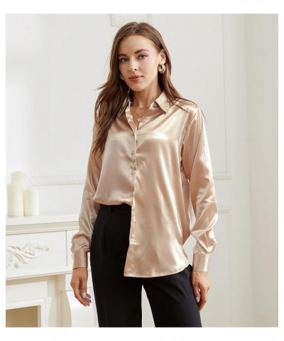 Womens Dress Shirts Satin Long Sleeve Button Down Shirts Wrinkle-Free Solid Casual Work Blouse Khaki $9.80 Blouses