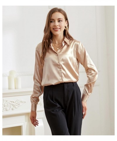 Womens Dress Shirts Satin Long Sleeve Button Down Shirts Wrinkle-Free Solid Casual Work Blouse Khaki $9.80 Blouses