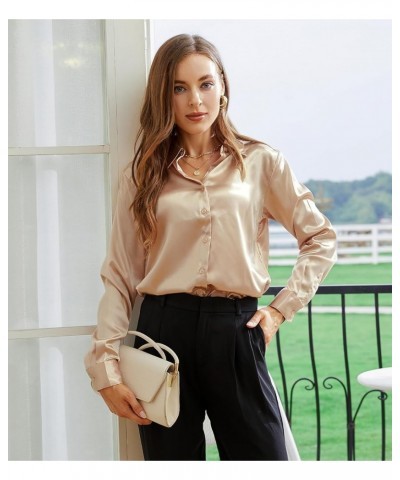 Womens Dress Shirts Satin Long Sleeve Button Down Shirts Wrinkle-Free Solid Casual Work Blouse Khaki $9.80 Blouses