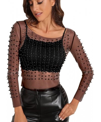 Women's Pearl Rhinestone See Through Long Sleeve Mesh Blouse One Piece Cover Up Crop Top Black Pearl $18.87 Blouses