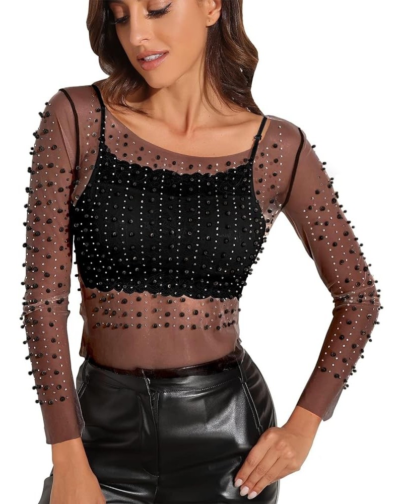 Women's Pearl Rhinestone See Through Long Sleeve Mesh Blouse One Piece Cover Up Crop Top Black Pearl $18.87 Blouses