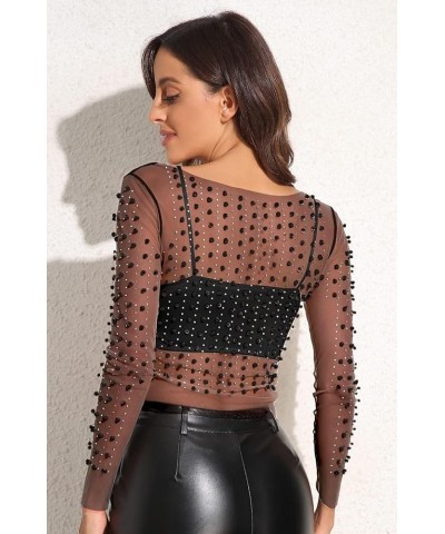 Women's Pearl Rhinestone See Through Long Sleeve Mesh Blouse One Piece Cover Up Crop Top Black Pearl $18.87 Blouses