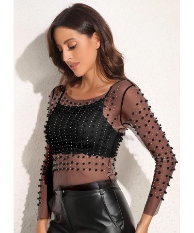 Women's Pearl Rhinestone See Through Long Sleeve Mesh Blouse One Piece Cover Up Crop Top Black Pearl $18.87 Blouses