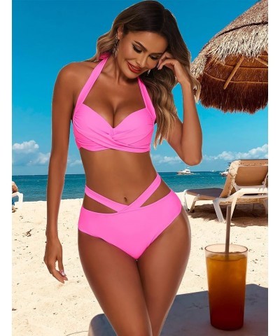 Women High Waisted Bikini Set Two Piece Halter Swimsuits Padded Bathing Suit A-rose Red $8.69 Swimsuits