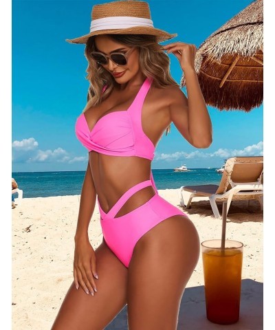 Women High Waisted Bikini Set Two Piece Halter Swimsuits Padded Bathing Suit A-rose Red $8.69 Swimsuits