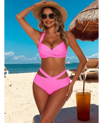 Women High Waisted Bikini Set Two Piece Halter Swimsuits Padded Bathing Suit A-rose Red $8.69 Swimsuits