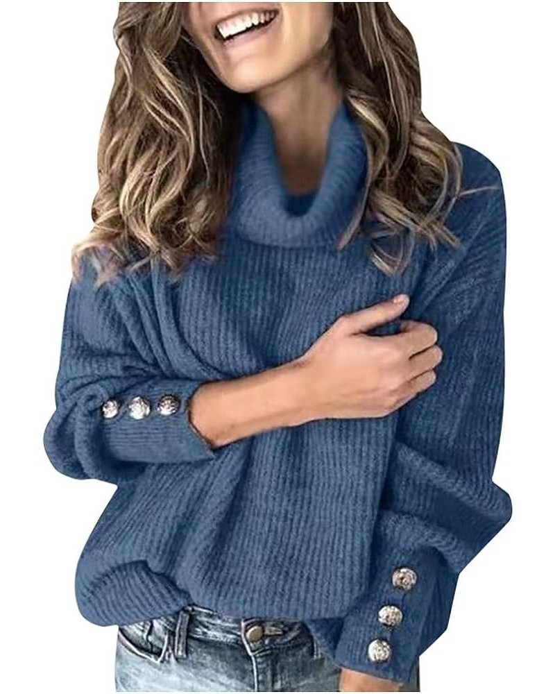 Women's 2023 Fall Winter Long Sleeve Knit Sweater Plus Size Causal Turtleneck Button Slouchy Loose Chunky Pullover Top 03-blu...