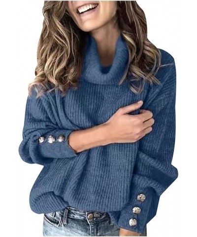 Women's 2023 Fall Winter Long Sleeve Knit Sweater Plus Size Causal Turtleneck Button Slouchy Loose Chunky Pullover Top 03-blu...