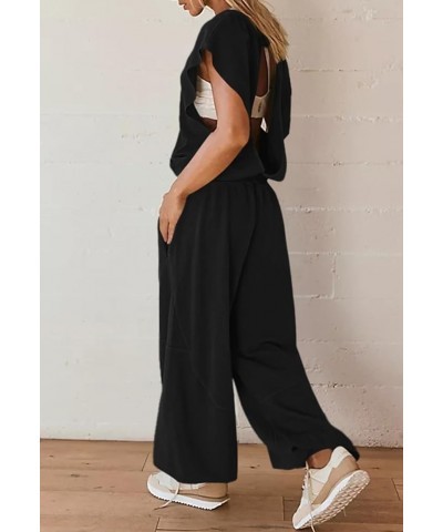 Women's Casual One Piece Outfit Cap Sleeve Long Wide Leg Pant Romper Jumpsuits Hollow on the Back Black $15.20 Jumpsuits