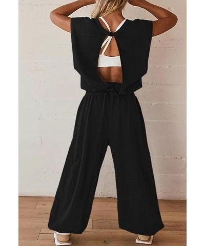 Women's Casual One Piece Outfit Cap Sleeve Long Wide Leg Pant Romper Jumpsuits Hollow on the Back Black $15.20 Jumpsuits