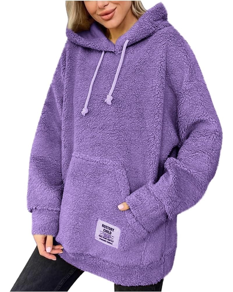 Women Oversized Sherpa Fleece Hoodies Long Sleeve Casual Hooded Pullover Drawstraing Warm Sweatshirts with Pocket 07 Purple $...