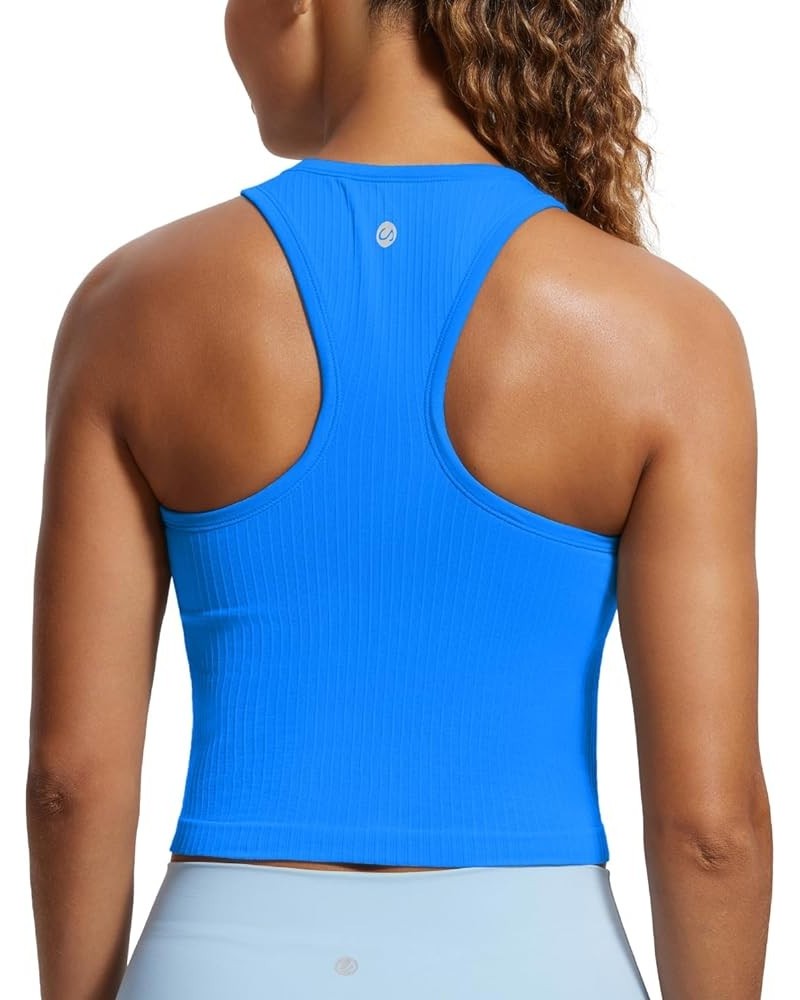 Womens Seamless Ribbed Longline High Neck Sports Bra - Racerback Padded Slim Fit Crop Tank Top with Built in Bra Sparkle Blue...