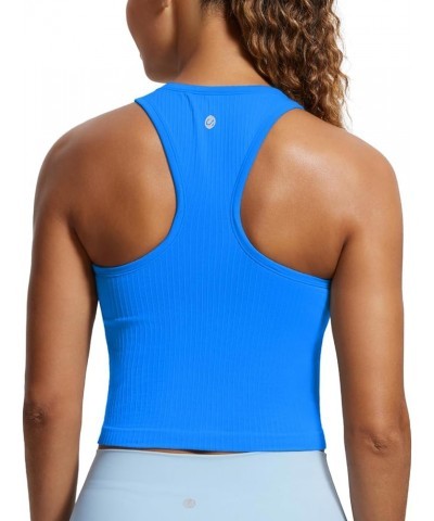 Womens Seamless Ribbed Longline High Neck Sports Bra - Racerback Padded Slim Fit Crop Tank Top with Built in Bra Sparkle Blue...