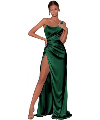 Women's Mermaid One Shoulder Prom Dresses Long Pleated Satin Formal Evening Gown with Slit Emerald Green $26.65 Dresses