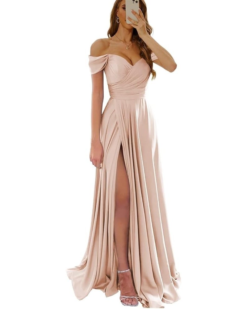 Off Shoulder V Neck Long Bridesmaid Dress for Women High Slit Pleats Formal Evening Dress YK815 Peach $31.89 Dresses