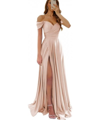 Off Shoulder V Neck Long Bridesmaid Dress for Women High Slit Pleats Formal Evening Dress YK815 Peach $31.89 Dresses