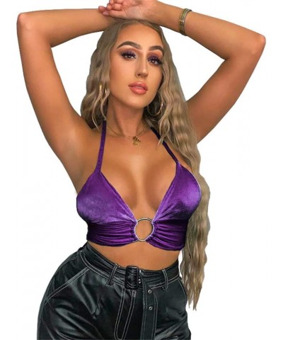 Women Halter Backless Camis Streetwear Club Patchwork Camisole Dark Purple $14.99 Tanks