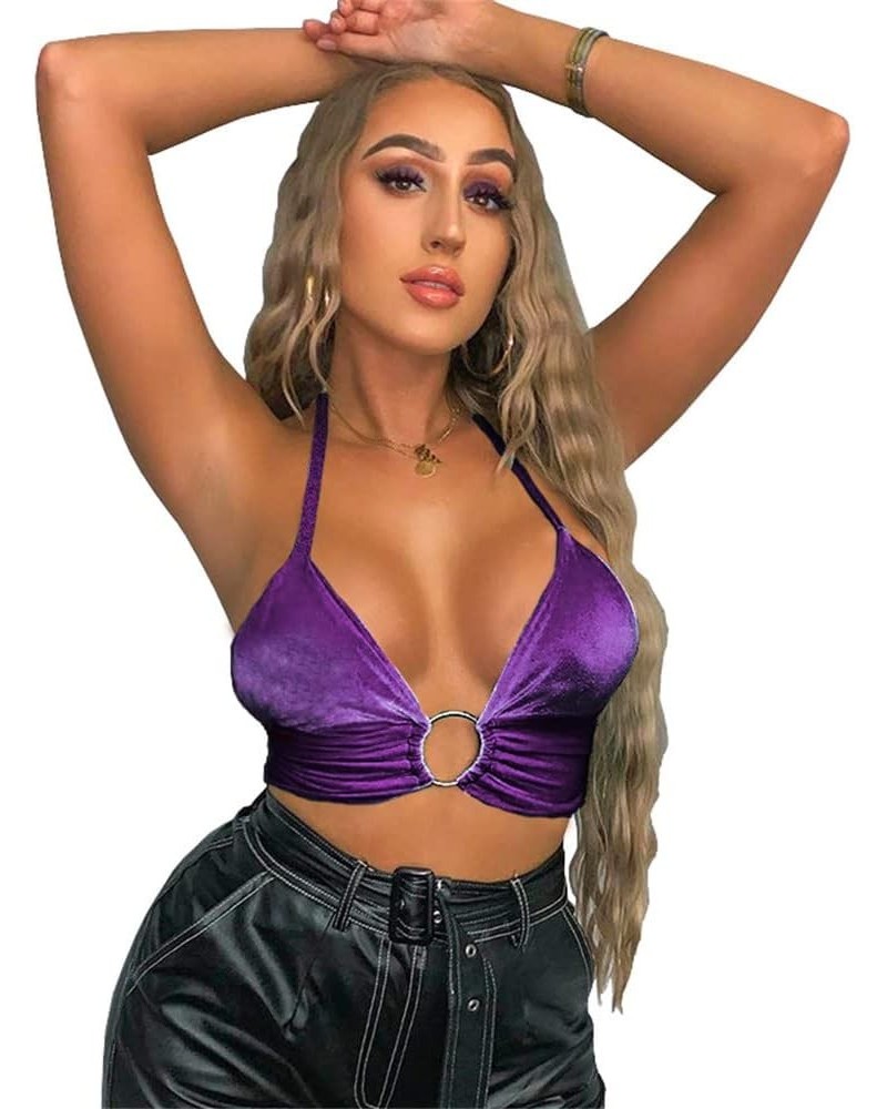 Women Halter Backless Camis Streetwear Club Patchwork Camisole Dark Purple $14.99 Tanks