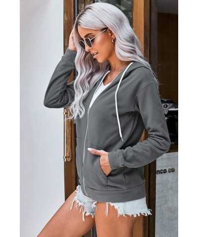 Women Casual Full Zip Up Hoodie Comfy Loose Long Sleeve Sweatshirt Solid Color Jacket with Pockets Darkgrey $21.05 Jackets