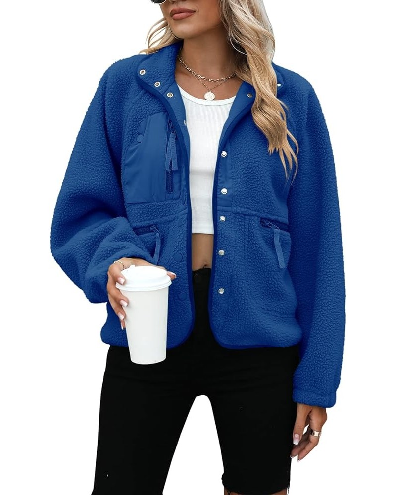 Womens Fleece Jacket Fuzzy Long Sleeve Short Coats Button Down Sherpa Outerwear With Pockets Klein Blue $26.94 Jackets