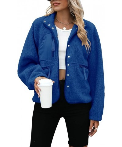 Womens Fleece Jacket Fuzzy Long Sleeve Short Coats Button Down Sherpa Outerwear With Pockets Klein Blue $26.94 Jackets