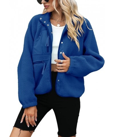 Womens Fleece Jacket Fuzzy Long Sleeve Short Coats Button Down Sherpa Outerwear With Pockets Klein Blue $26.94 Jackets