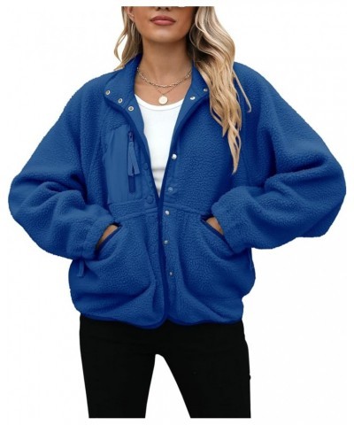 Womens Fleece Jacket Fuzzy Long Sleeve Short Coats Button Down Sherpa Outerwear With Pockets Klein Blue $26.94 Jackets