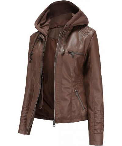 Women's Casual Stand Collar Detachable Hood PU Faux Leather Jacket Plus Size Moto Biker Coat Short Outwear Dark Brown $28.17 ...