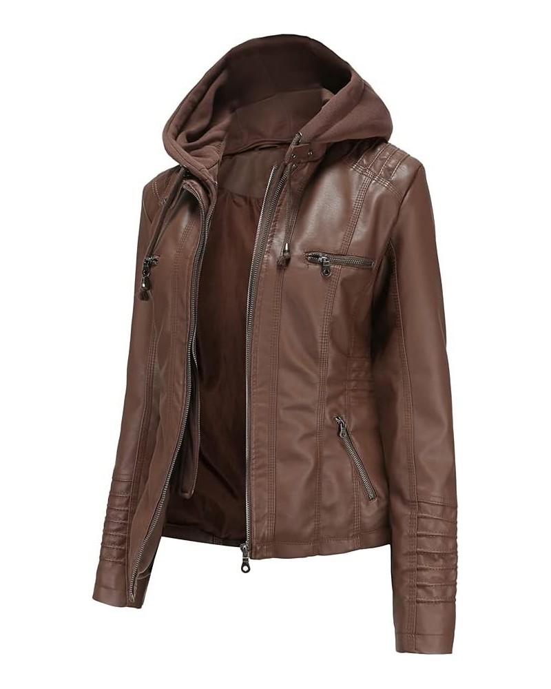 Women's Casual Stand Collar Detachable Hood PU Faux Leather Jacket Plus Size Moto Biker Coat Short Outwear Dark Brown $28.17 ...