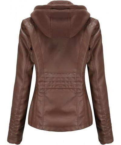 Women's Casual Stand Collar Detachable Hood PU Faux Leather Jacket Plus Size Moto Biker Coat Short Outwear Dark Brown $28.17 ...