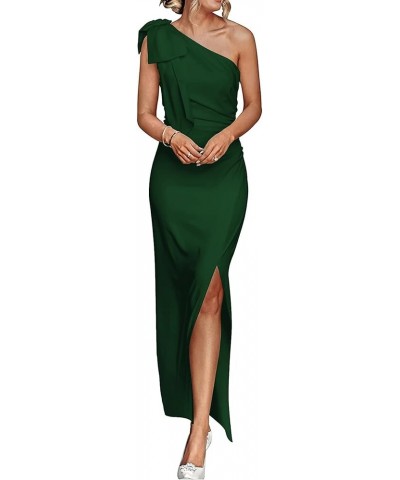 Women's Bow One Shoulder Sleeveless Ruched Split Flared Bodycon Party Maxi Dress Solid Dark Green $28.04 Dresses