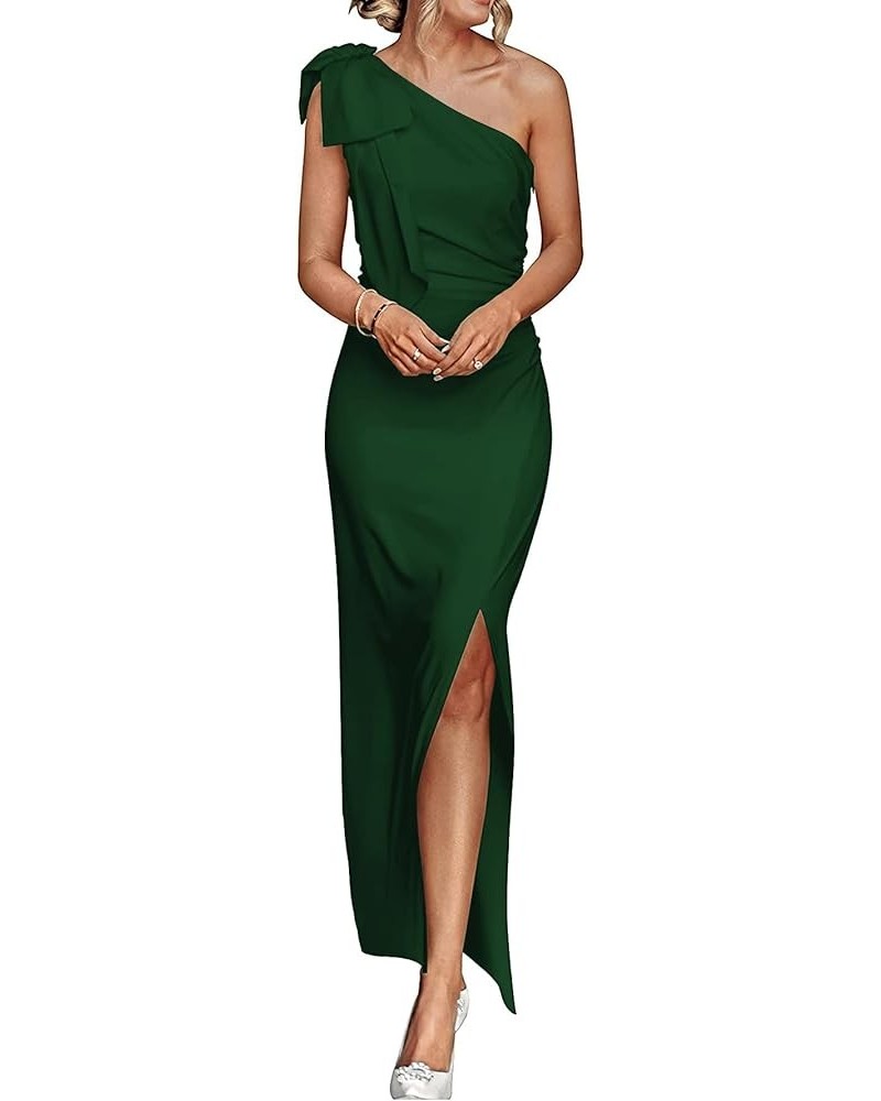 Women's Bow One Shoulder Sleeveless Ruched Split Flared Bodycon Party Maxi Dress Solid Dark Green $28.04 Dresses