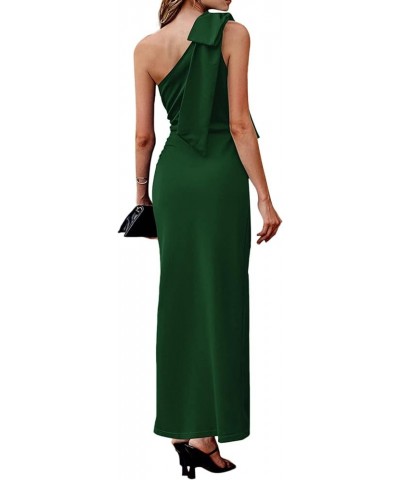 Women's Bow One Shoulder Sleeveless Ruched Split Flared Bodycon Party Maxi Dress Solid Dark Green $28.04 Dresses