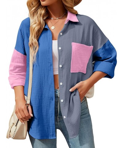 Women Cotton Shirt Color Block/Solid Color Oversized Button-Down Pocket Long Sleeve Top Loose Blouse B-blue Grey $16.23 Blouses