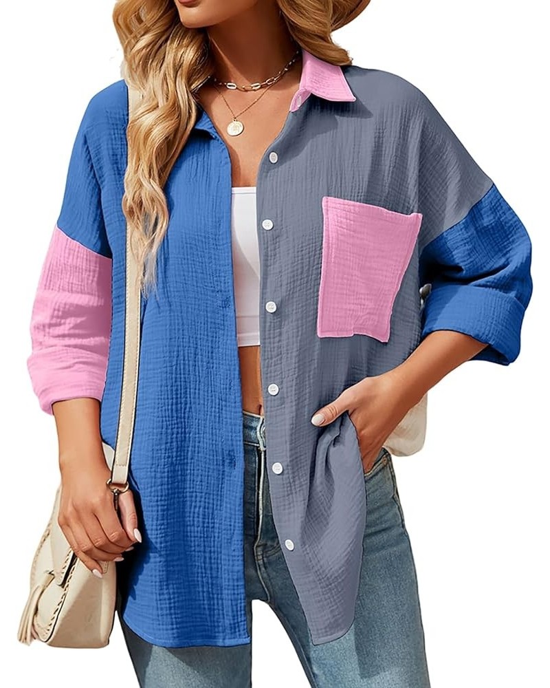 Women Cotton Shirt Color Block/Solid Color Oversized Button-Down Pocket Long Sleeve Top Loose Blouse B-blue Grey $16.23 Blouses