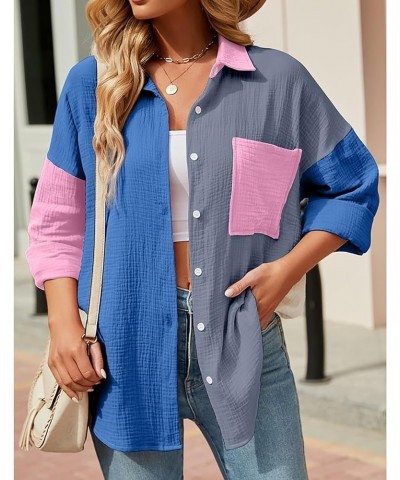 Women Cotton Shirt Color Block/Solid Color Oversized Button-Down Pocket Long Sleeve Top Loose Blouse B-blue Grey $16.23 Blouses