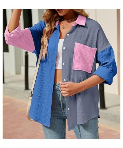 Women Cotton Shirt Color Block/Solid Color Oversized Button-Down Pocket Long Sleeve Top Loose Blouse B-blue Grey $16.23 Blouses