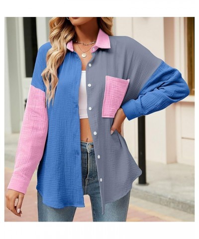 Women Cotton Shirt Color Block/Solid Color Oversized Button-Down Pocket Long Sleeve Top Loose Blouse B-blue Grey $16.23 Blouses