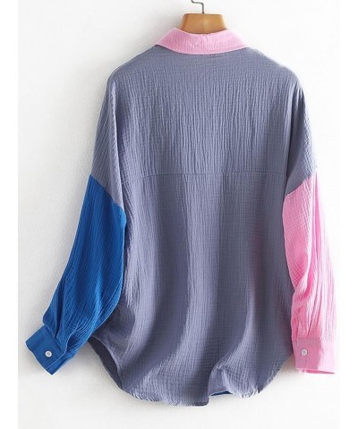 Women Cotton Shirt Color Block/Solid Color Oversized Button-Down Pocket Long Sleeve Top Loose Blouse B-blue Grey $16.23 Blouses