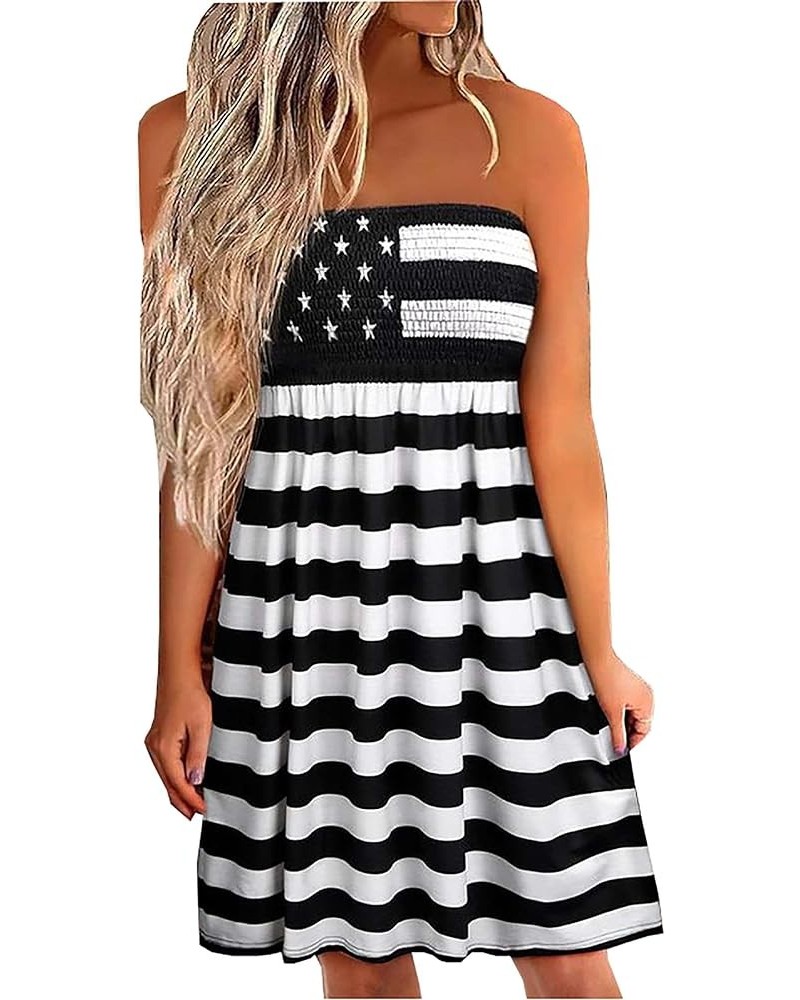 American Flag Smocked Strapless Bandeau Mini Dress Women USA Stars Stripes Tube Top Dress Beach Sundress Cover Ups Black-1 $1...