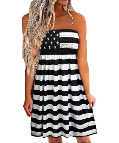 American Flag Smocked Strapless Bandeau Mini Dress Women USA Stars Stripes Tube Top Dress Beach Sundress Cover Ups Black-1 $1...