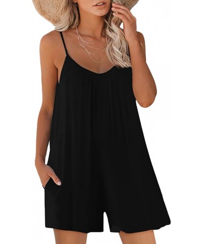 Womens Casual Sleeveless Strap Loose Adjustable Jumpsuits Stretchy Shorts Romper with Pockets A Black $18.99 Jumpsuits